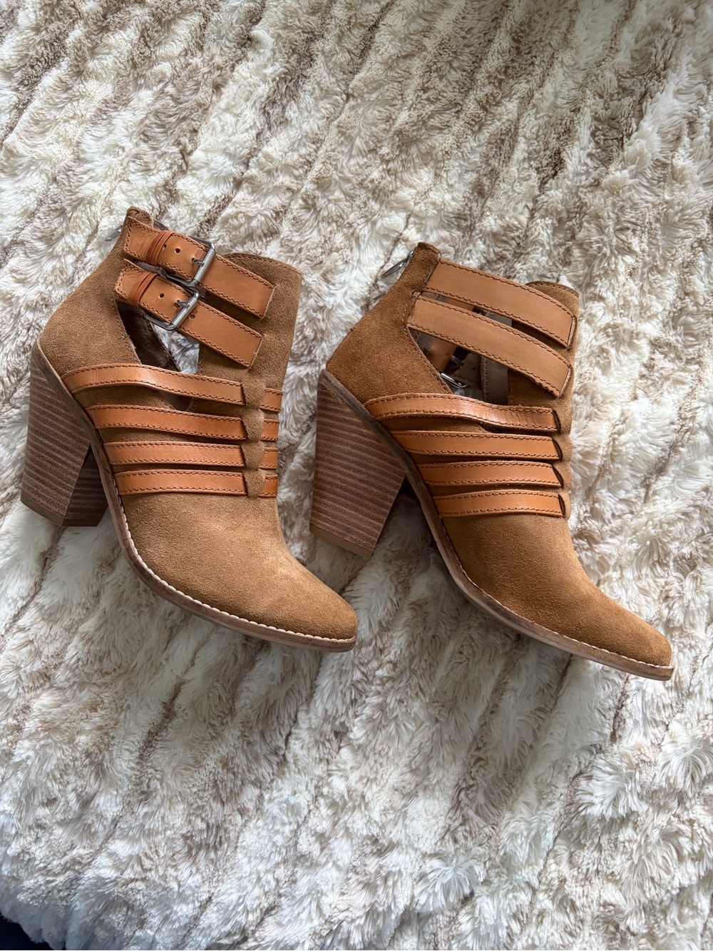 Dolce Vita Cognac/Tan Suede Strappy Block Heel Ankle Boots